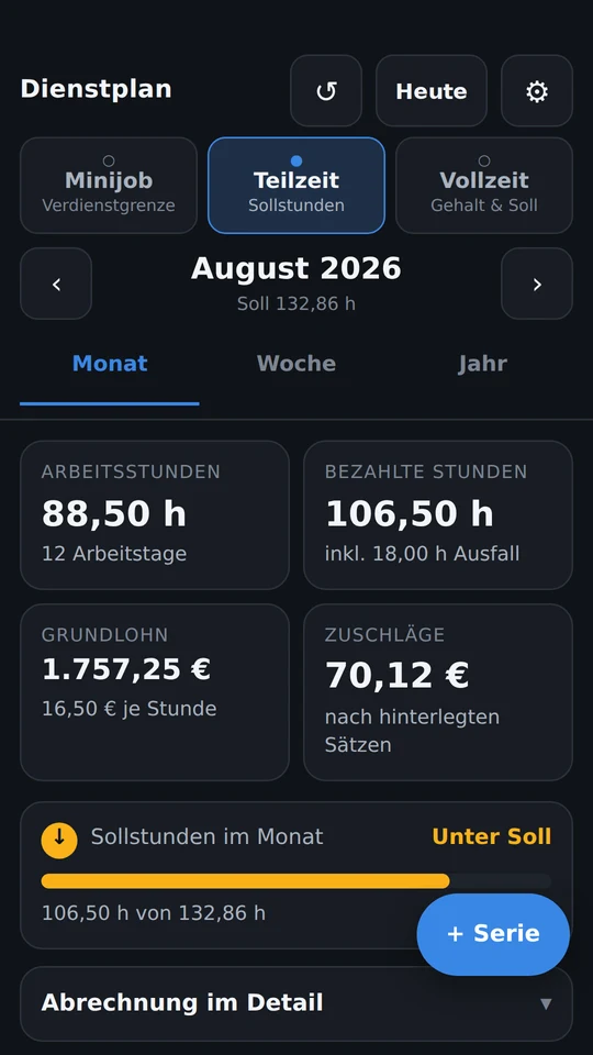 Dienstplan Studio: Monatsübersicht mit Arbeitsstunden, bezahlten Stunden, Grundlohn, Zuschlägen und Sollstunden